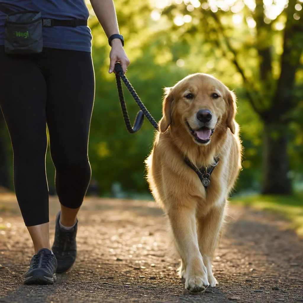 Passeador conduzindo um cão durante passeio ao ar livre